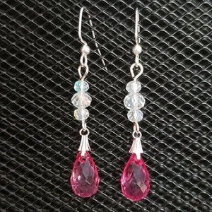 Reddish-pink teardrop and clear iridescent crystal rondelle earrings